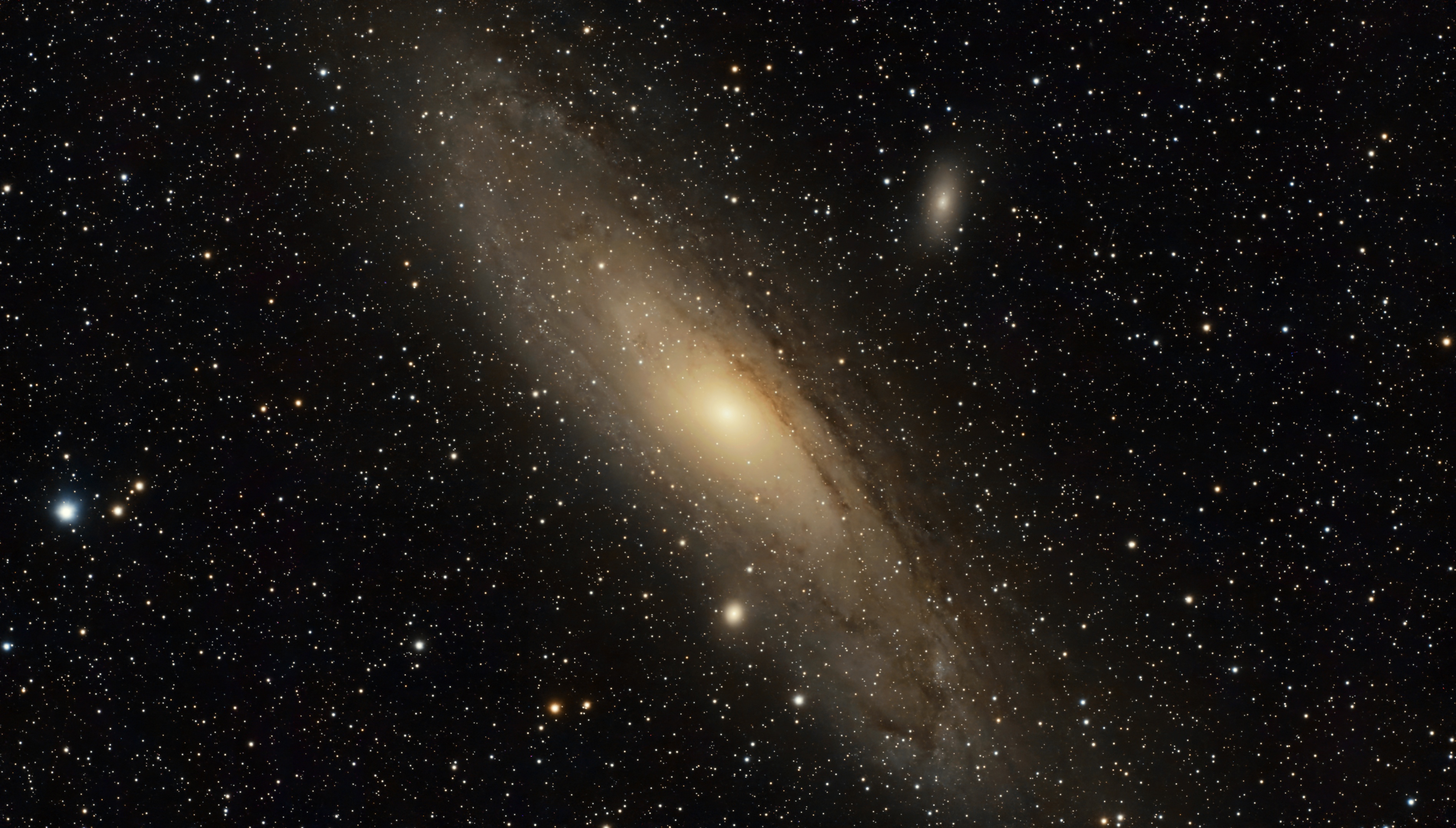 Andromeda Galaxy M31 captured with DWARF 3 smart telescope in EQ mode showing spiral structure dust lanes and companion galaxy M110