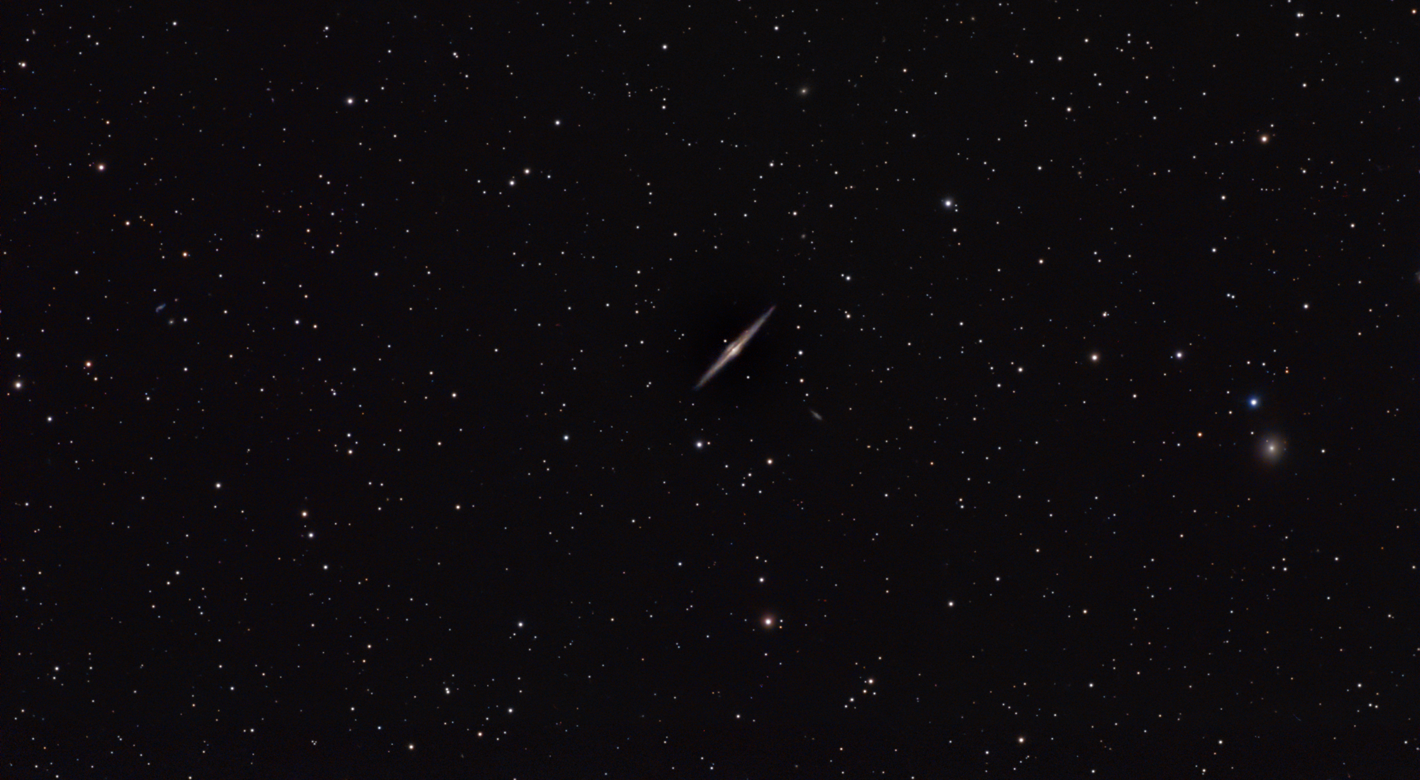 Edge-on view of the Needle Galaxy NGC 4565 with its companion NGC 4562, captured with DwarfLab DWARF 3 smart telescope, 74 x 60 second subs, gain 50, Astro filter, EQ mode, 1 hour 14 minutes integration, Bortle 6 skies