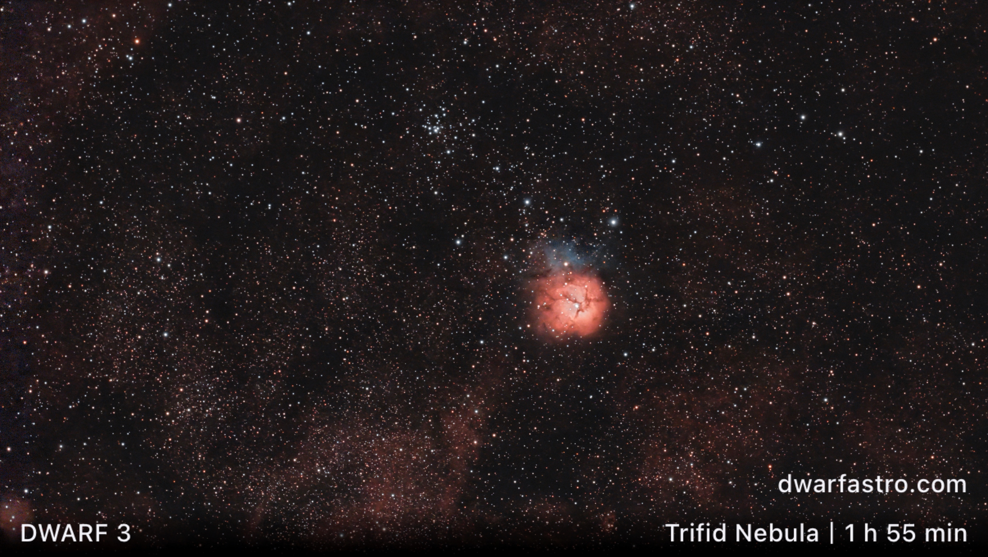 Trifid Nebula M20 in Sagittarius showing its red emission lobes and blue reflection lobe divided by dark dust lanes, captured with a DWARF 3 smart telescope, Duo-Band filter, Bortle 6 skies