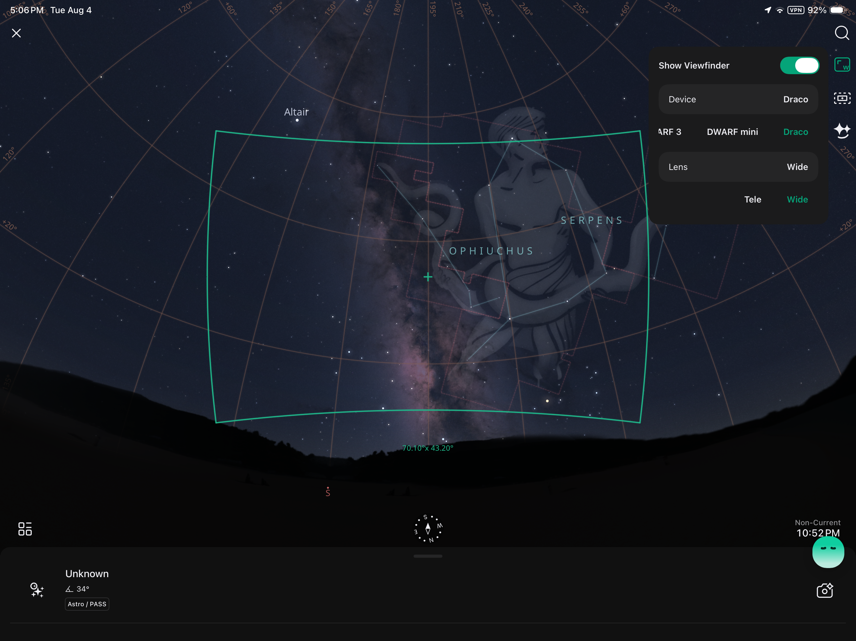 DWARFLAB Atlas app Draco wide-angle field of view, 70.1 by 43.2 degrees, framing Ophiuchus and Serpens along the Milky Way